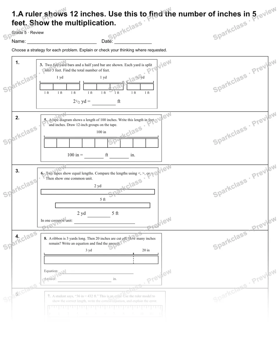 1.A ruler shows 12 inches. Use this to find the number of inches in 5 feet. Show the multiplication. — Review — page 1