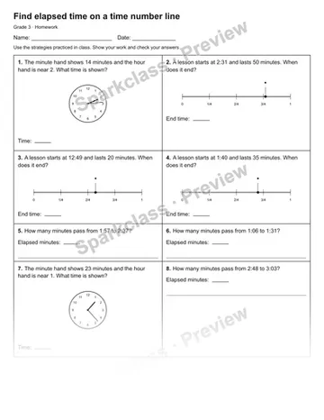 Find elapsed time on a time number line — Homework — Grade 3 worksheet preview