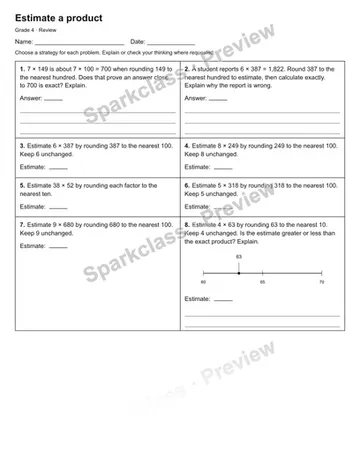 Estimate a product — Review — Grade 4 worksheet preview