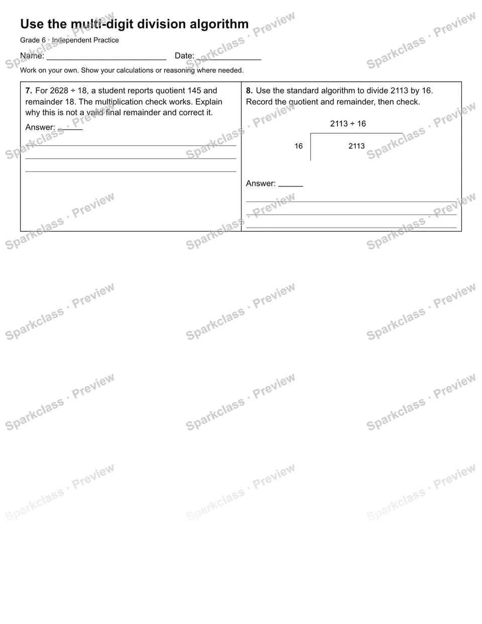 Use the multi-digit division algorithm — Independent Practice — page 2