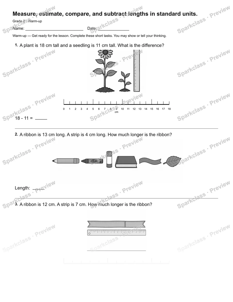 Measure, estimate, compare, and subtract lengths in standard units. — Warm-up — page 2