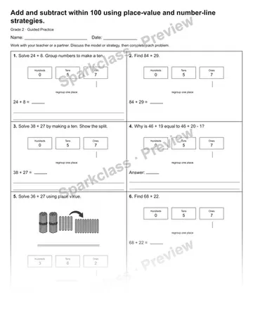 Add and subtract within 100 using place-value and number-line strategies. — Guided Practice — Grade 2 worksheet preview