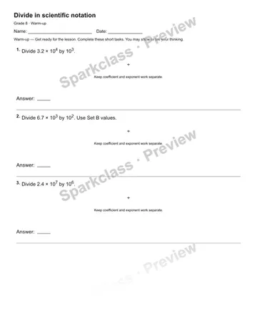Divide in scientific notation — Warm-up — Grade 8 worksheet preview