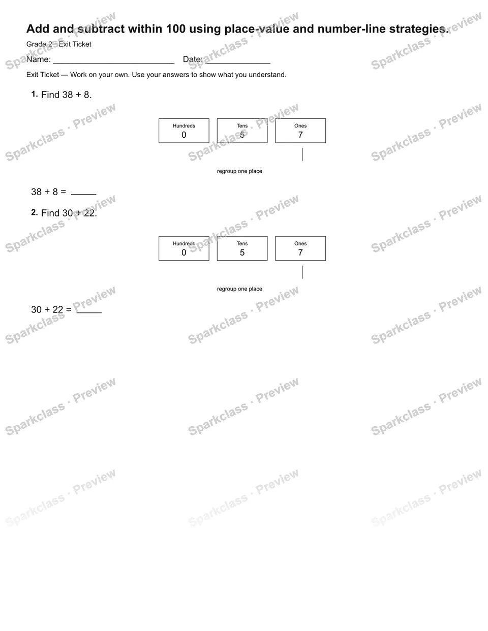Add and subtract within 100 using place-value and number-line strategies. — Exit Ticket — page 1