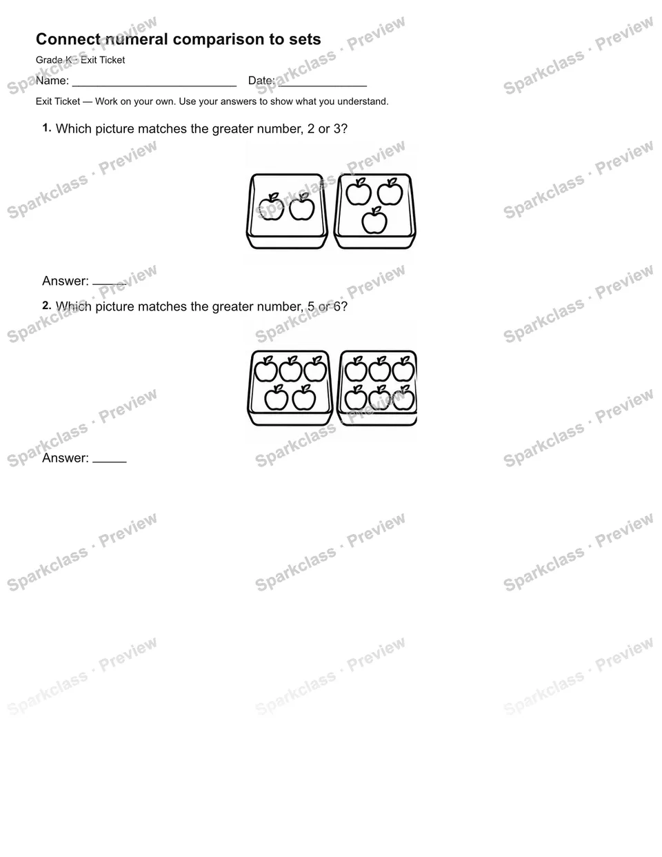 Connect numeral comparison to sets — Exit Ticket — page 1