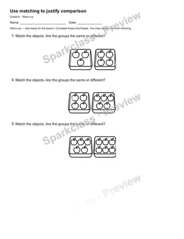 Use matching to justify comparison — Warm-up — Kindergarten worksheet preview