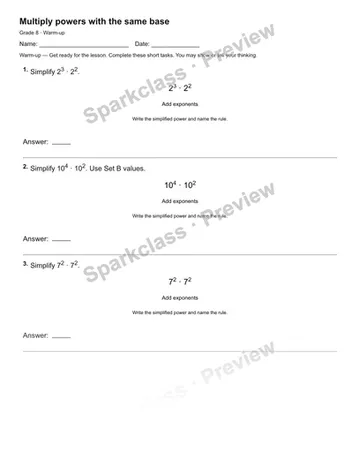 Multiply powers with the same base — Warm-up — Grade 8 worksheet preview