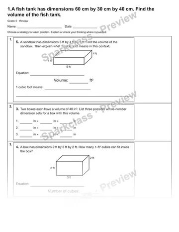 1.A fish tank has dimensions 60 cm by 30 cm by 40 cm. Find the volume of the fish tank. — Review — Grade 5 worksheet preview