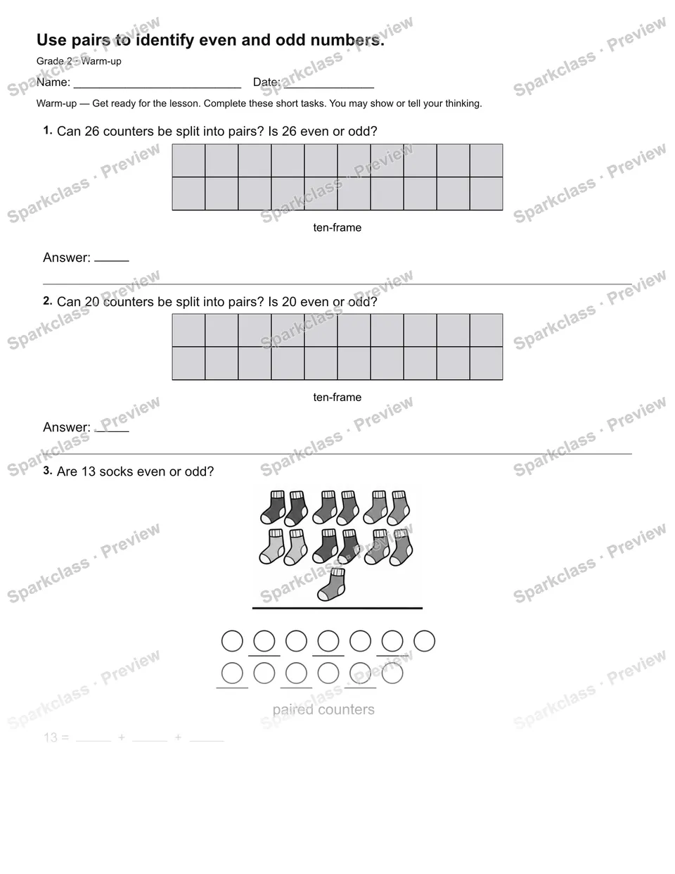 Use pairs to identify even and odd numbers. — Warm-up — page 1