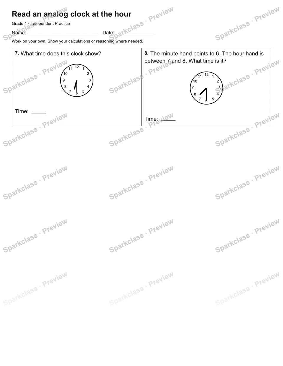 Read an analog clock at the hour — Independent Practice — page 2