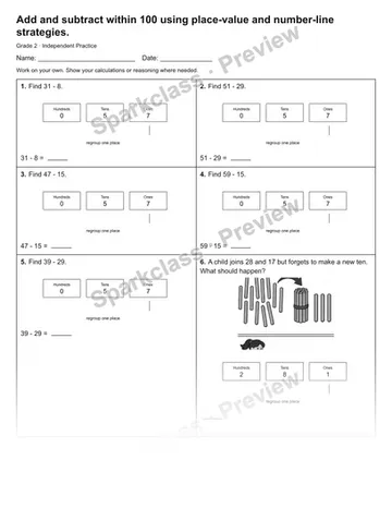 Add and subtract within 100 using place-value and number-line strategies. — Independent Practice — Grade 2 worksheet preview
