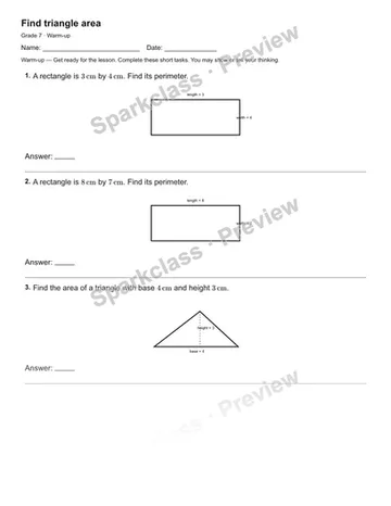 Find triangle area — Warm-up — Grade 7 worksheet preview