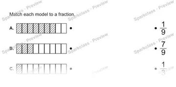 Match each model to a fraction. A. B. C. 1/9 7/9 1/3 — Grade 5 problem preview