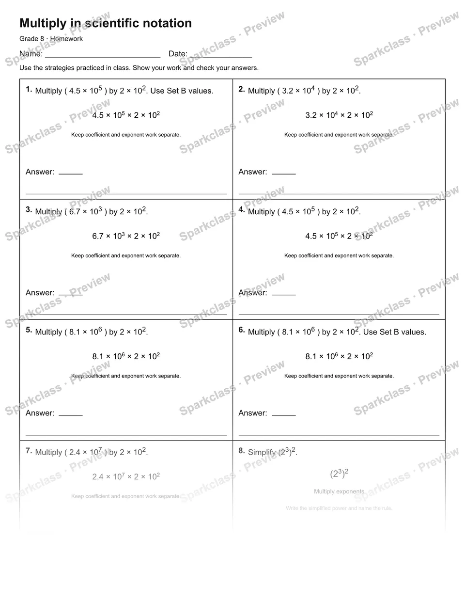 Multiply in scientific notation — Homework — page 1