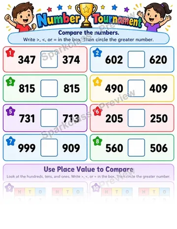 Number Tournament · Compare Three-Digit Numbers — Grade 2 worksheet preview
