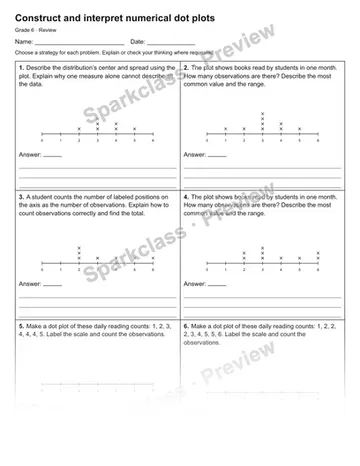 Construct and interpret numerical dot plots — Review — Grade 6 worksheet preview