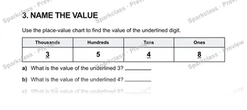 3. NAME THE VALUE Use the place-value chart to find the value of the underlined digit. Thousands Hundreds Tens Ones 3 5 4 8 a) What is the value of the underlined 3? b) What is the — Grade 5 problem preview