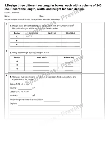 1.Design three different rectangular boxes, each with a volume of 240 in3. Record the length, width, and height for each design. — Homework — Grade 5 worksheet preview