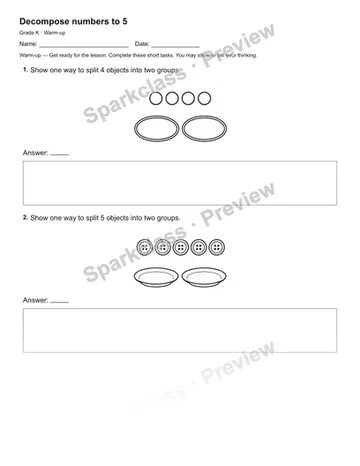 Decompose numbers to 5 — Warm-up — Kindergarten worksheet preview