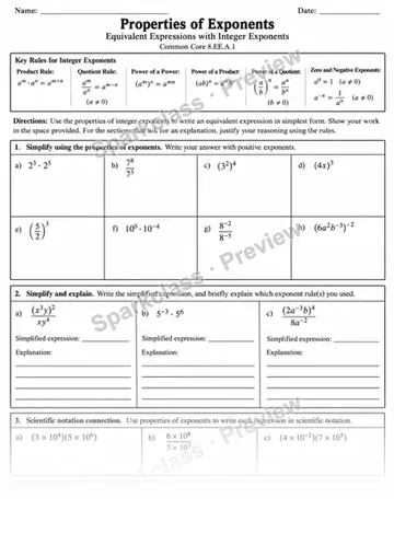 8.EE.A.1 · 1 Exponent Properties Variant — Grade 8 worksheet preview