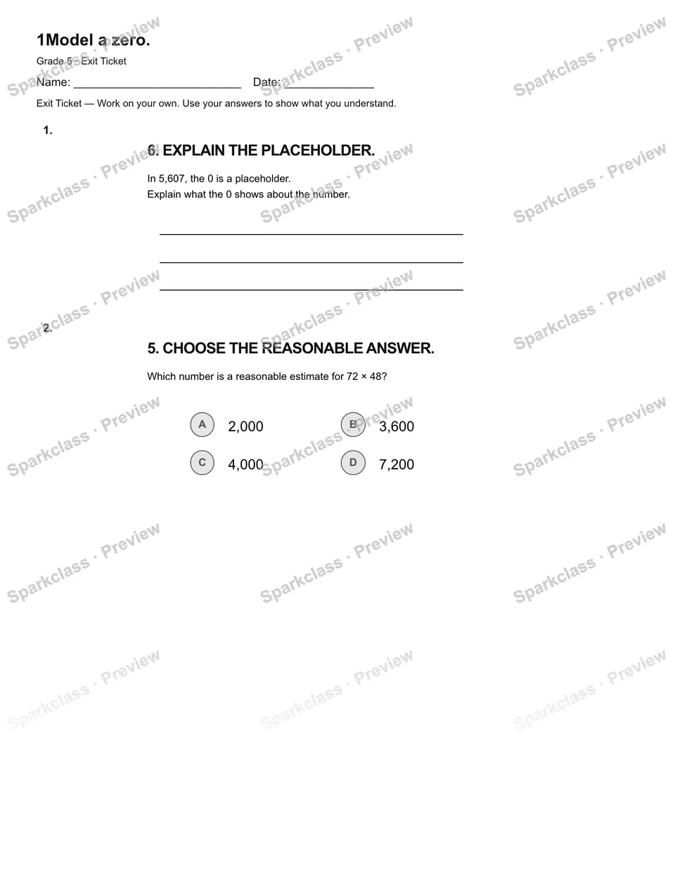1Model a zero. — Exit Ticket — page 1