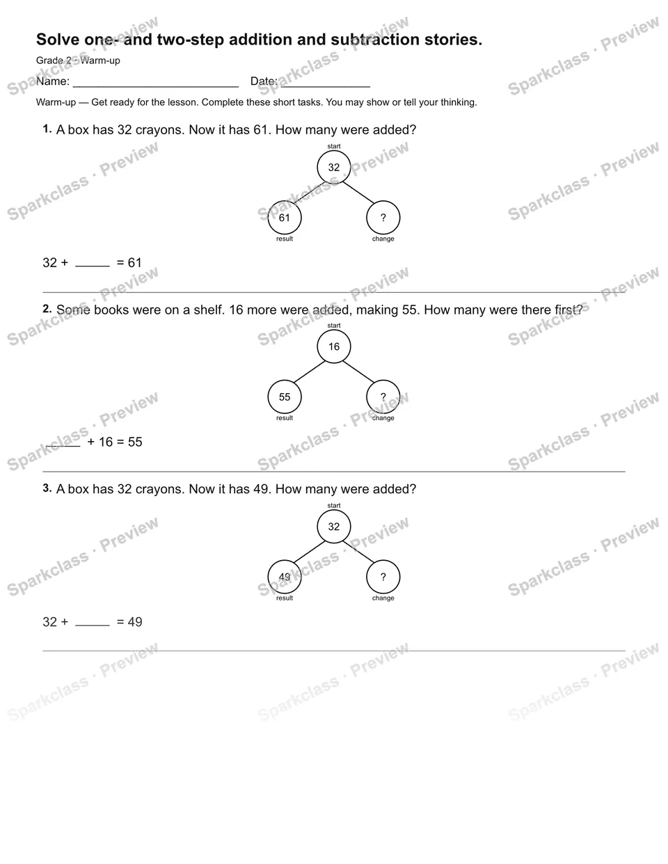 Solve one- and two-step addition and subtraction stories. — Warm-up — page 2