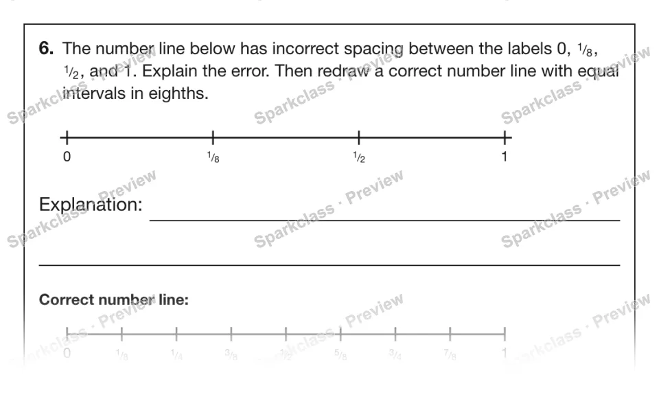 6. The number line below has incorrect spacing between the labels 0, 1 / 8 , 1 / 2 , and 1. Explain the error. Then redraw a correct number line with equal intervals in eighths. 0 — page 1