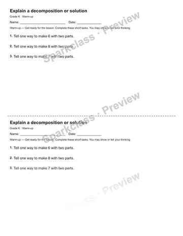 Explain a decomposition or solution — Warm-up — Kindergarten worksheet preview