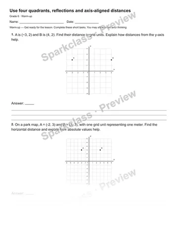 Use four quadrants, reflections and axis-aligned distances — Warm-up — Grade 6 worksheet preview
