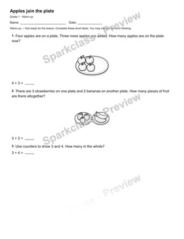 Apples join the plate — Warm-up — Grade 1 worksheet preview