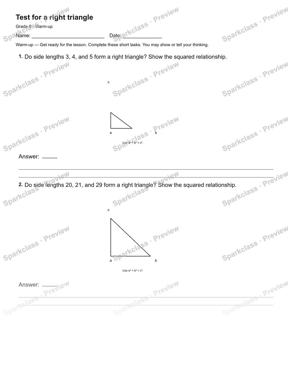 Test for a right triangle — Warm-up — page 1