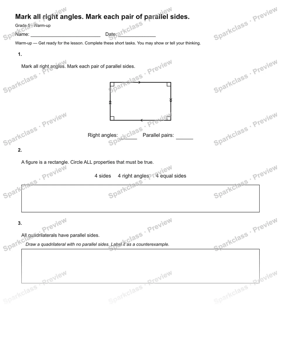Mark all right angles. Mark each pair of parallel sides. — Warm-up — page 2