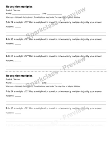 Recognize multiples — Warm-up — Grade 4 worksheet preview