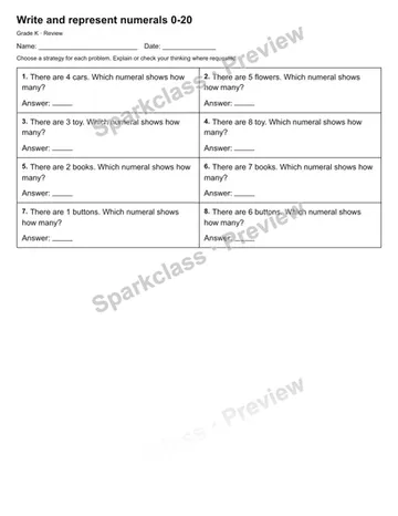 Write and represent numerals 0-20 — Review — Kindergarten worksheet preview