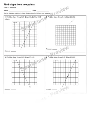 Find slope from two points — Homework — Grade 8 worksheet preview
