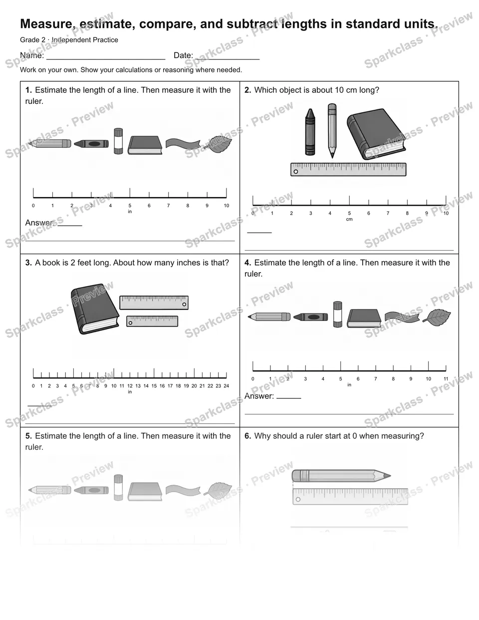 Measure, estimate, compare, and subtract lengths in standard units. — Independent Practice — page 1