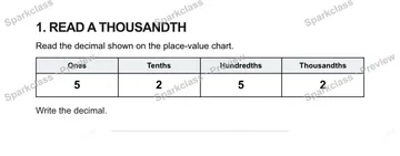 1. READ A THOUSANDTH Read the decimal shown on the place-value chart. Ones Tenths Hundredths Thousandths 5 2 5 2 Write the decimal. — Grade 5 problem preview