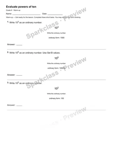 Evaluate powers of ten — Warm-up — Grade 8 worksheet preview