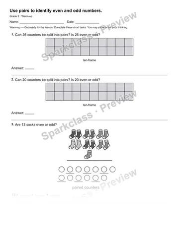 Use pairs to identify even and odd numbers. — Warm-up — Grade 2 worksheet preview