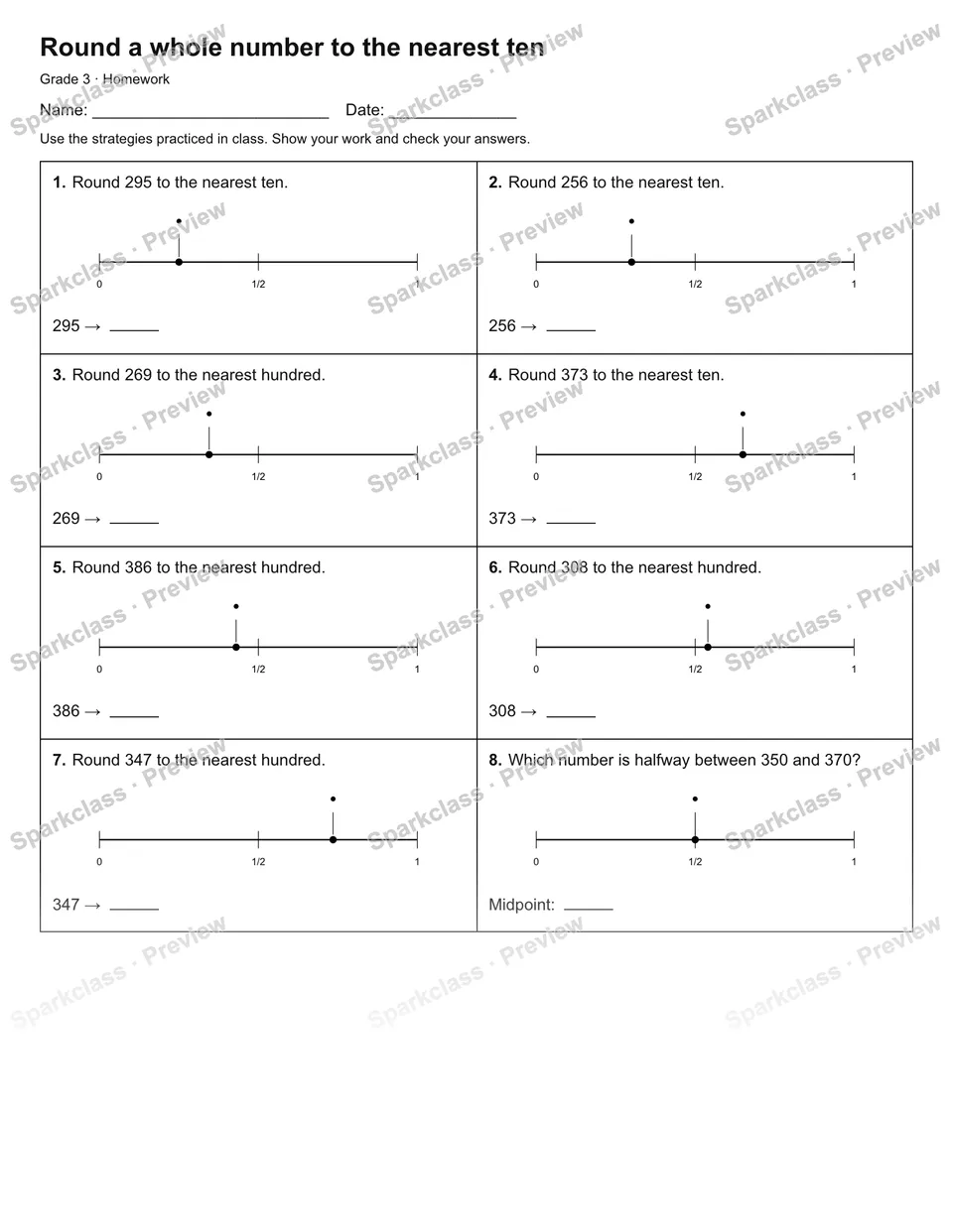 Round a whole number to the nearest ten — Homework — page 1