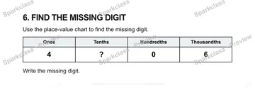 6. FIND THE MISSING DIGIT Use the place-value chart to find the missing digit. Ones Tenths Hundredths Thousandths 4 ? 0 6 Write the missing digit. — Grade 5 problem preview