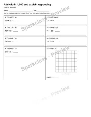 Add within 1,000 and explain regrouping — Homework — Grade 3 worksheet preview