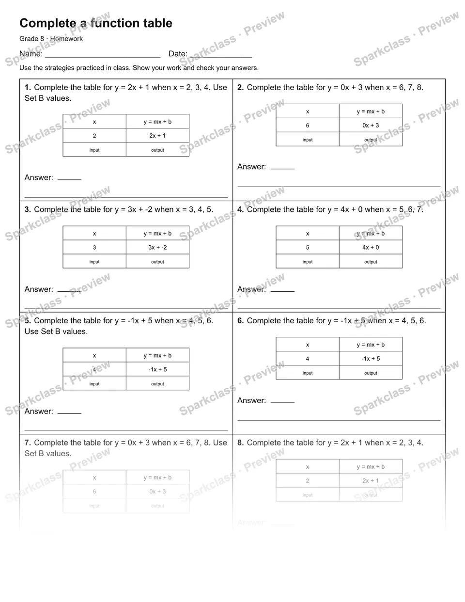 Complete a function table — Homework — page 1