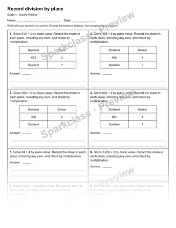 Record division by place — Guided Practice — Grade 4 worksheet preview