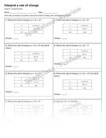 Interpret a rate of change — Guided Practice — Grade 8 worksheet preview