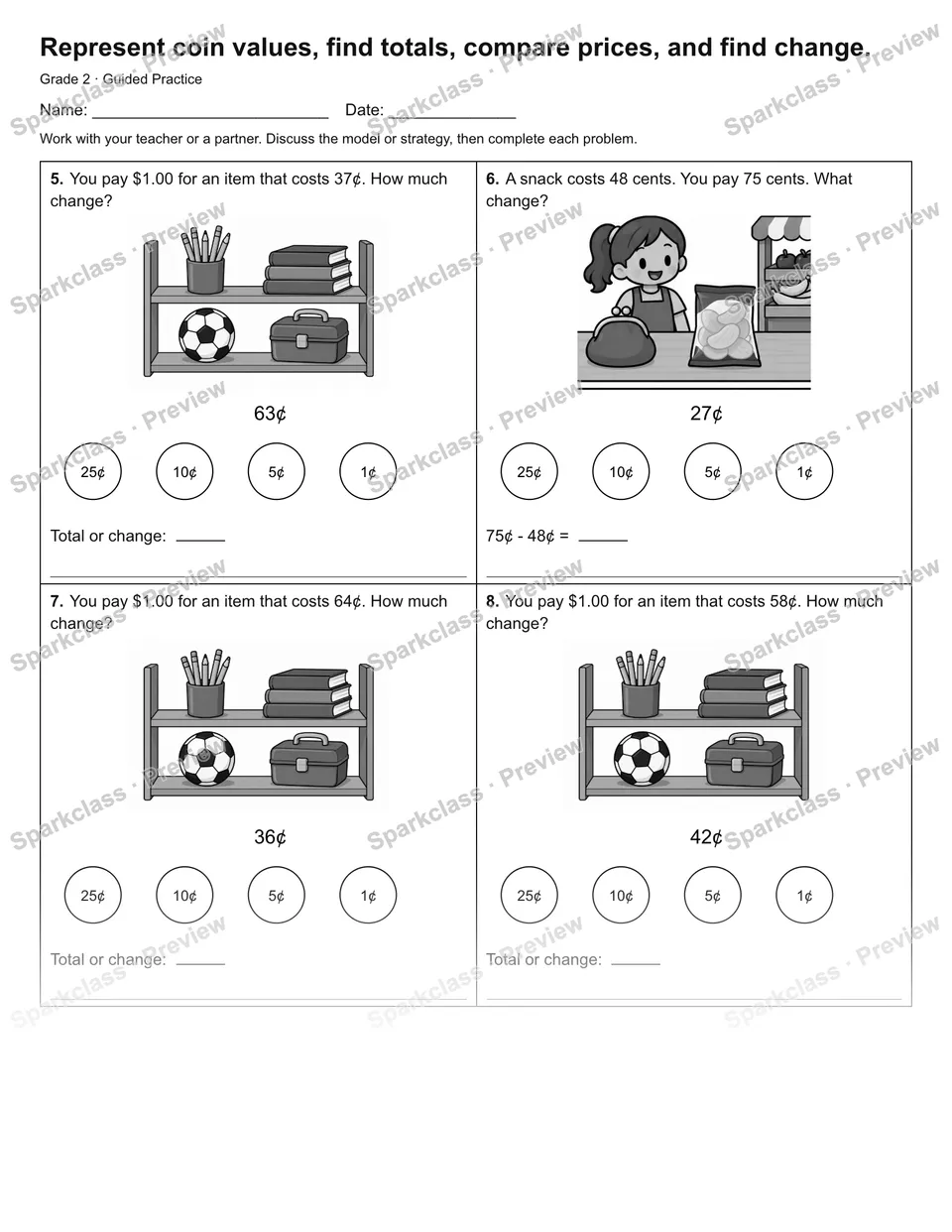 Represent coin values, find totals, compare prices, and find change. — Guided Practice — page 2