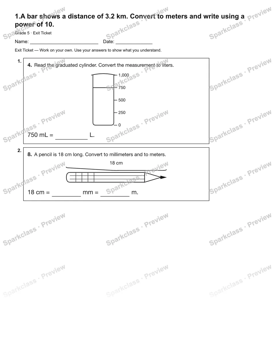 1.A bar shows a distance of 3.2 km. Convert to meters and write using a power of 10. — Exit Ticket — page 2