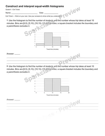 Construct and interpret equal-width histograms — Exit Ticket — Grade 6 worksheet preview