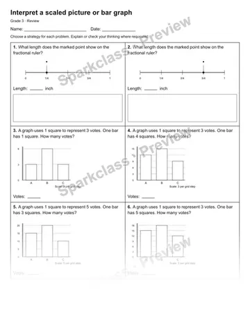 Interpret a scaled picture or bar graph — Review — Grade 3 worksheet preview
