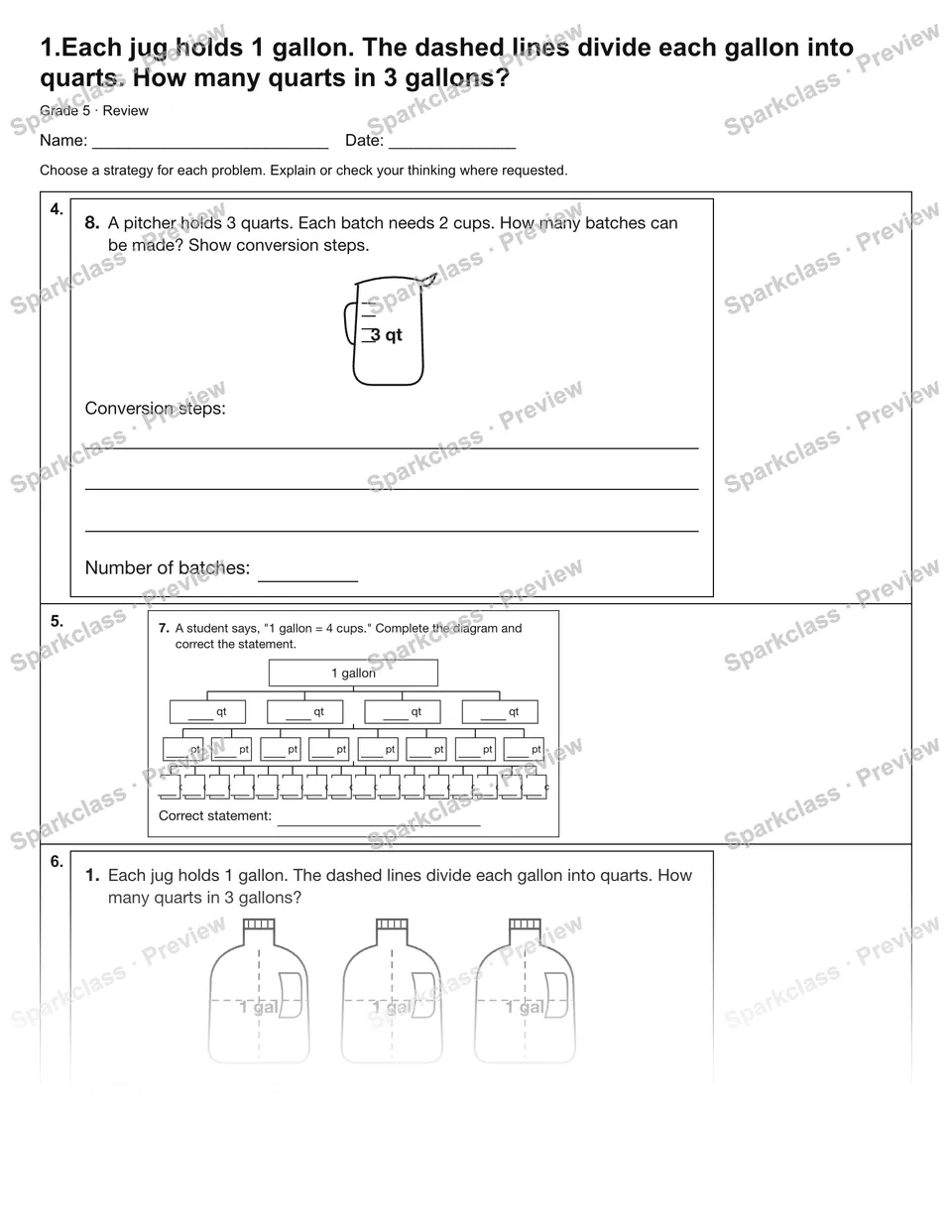 1.Each jug holds 1 gallon. The dashed lines divide each gallon into quarts. How many quarts in 3 gallons? — Review — page 2